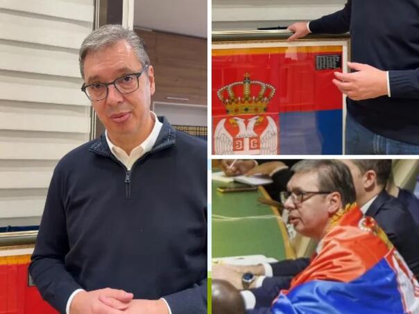 Vučić objavio da je iz Predsjedništva odnio zastavu kojom se ogrnuo u UN-u